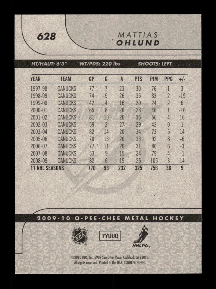 2009-10 O-Pee-Chee #628 Mattias Ohlund HAND SIGNED AUTO - Image 2 of 2