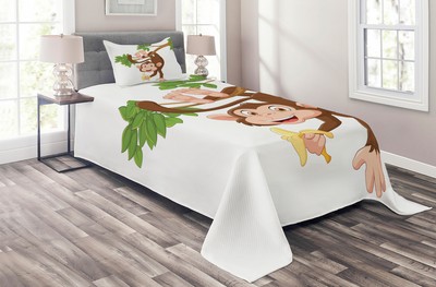 Cartoon Quilted Coverlet & Pillow Shams Set, Monkey with Banana Tree Print