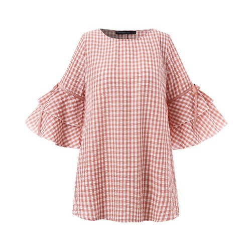 ZANZEA Women Summer Casual Loose Shirt Bell Short Sleeve Round Neck Blouse Tops - Picture 10 of 15