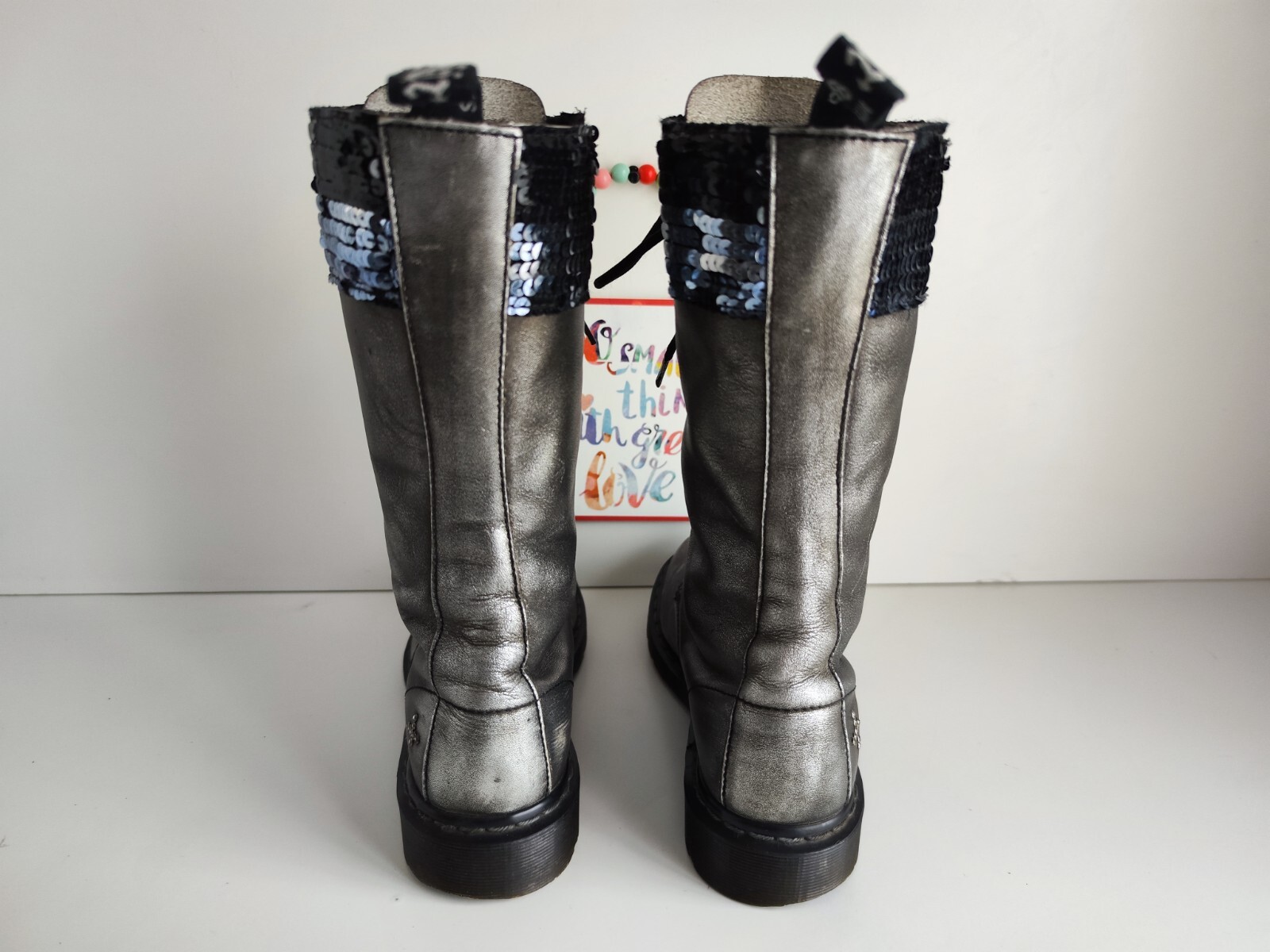 Rare Dr Doc Martens 1914 sequin Seqn 14 eye silver midcalf  boots UK6 EU39 US8 image 7
