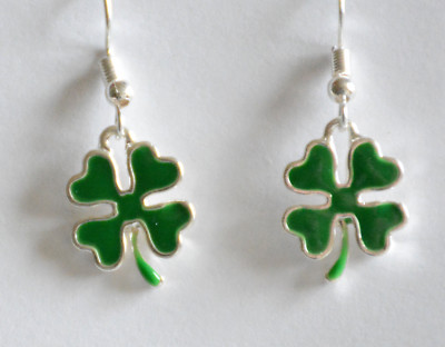 St. Patrick's Day Green Shamrock / Clover Fish Hook Earrings in Silver-tone