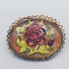 Vintage Czech Glass Belt Sash Buckle Reverse Painted Rose Goofus One Piece