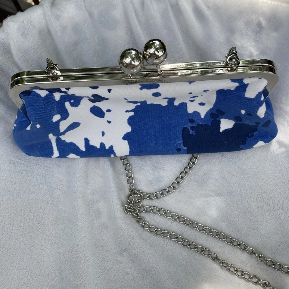 Donna Dixon Handbag Purse Blue Small Shoulder Crossbody Chain Canvas Kiss Clasp - Image 4 of 4