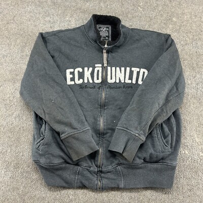VINTAGE Ecko Unltd Jacket Men XL Grey Full Zip Sherpa Fleece Lined Mock Neck Y2K