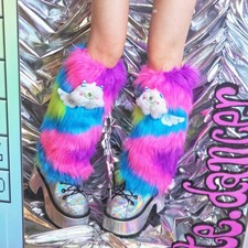 Fur Leg Warmers - Fuzzy Fluffies - Pink / Rainbow Striped - 15 in