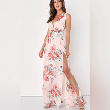 LULUS Garden Meandering Blush Floral Print Maxi Chiffon Dress SIZE L Wedding