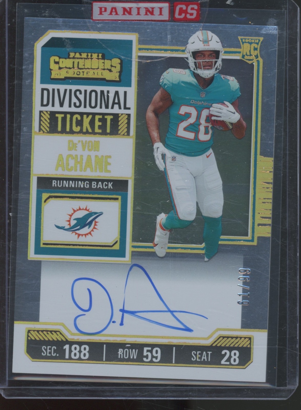 2023 Panini Contenders Divisional Ticket #109 De'Von Achane 61/99 Auto RC Rookie
