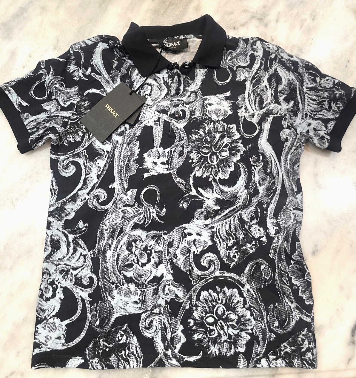 Versace Rare Boys' Brand New Size 10 Navy Blue Barocco Stencil Polo Shirt