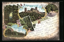 Lithographie Wartburg, Gesamtansicht, Drachenschlucht, Marienthal 1901 
