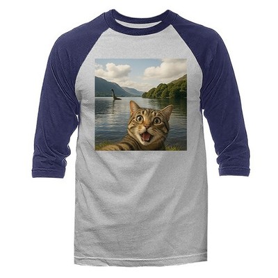 Surprised Cat Selfie with Loch Ness Monster Funny Cryptid Lake 3/4 Sleeve Raglan