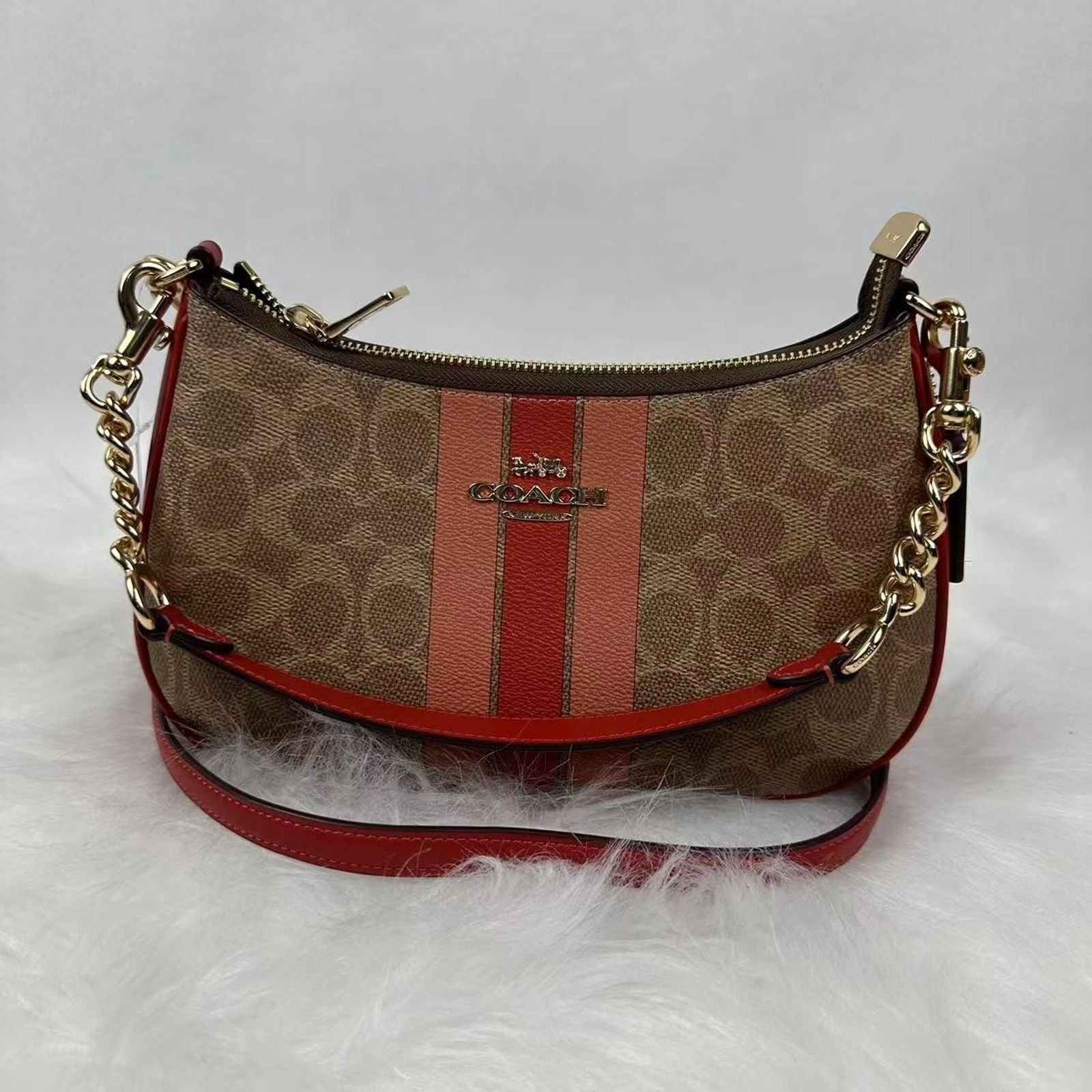 Borsa a tracolla Coach Teri in tela firmata con righe colore marrone multi CAL81 nuova con etichette