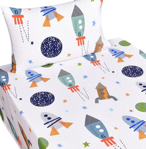 Cotton Twin Bed Sheet Set with Cartoon Rocket Design - Space Adventure Theme - Picture 4 of 6