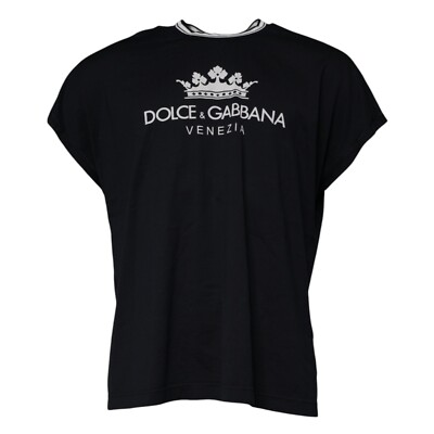 DOLCE & GABBANA T-shirt Dark Blue Logo Crown Cotton Crew Neck IT46