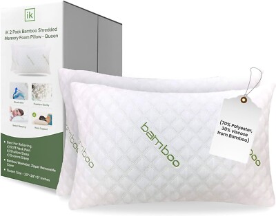 2 Pack Queen Size Viscose Derived Pillow Adjustable Shredded Memory Foam