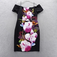 Trina Turk Off Shoulder Dress 14 Black Floral Print Womens Sheath Cocktail Party