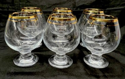 6 Gold Rimmed Brandy Sniffers Pasabahce Circle Art of Glass Classique MCM