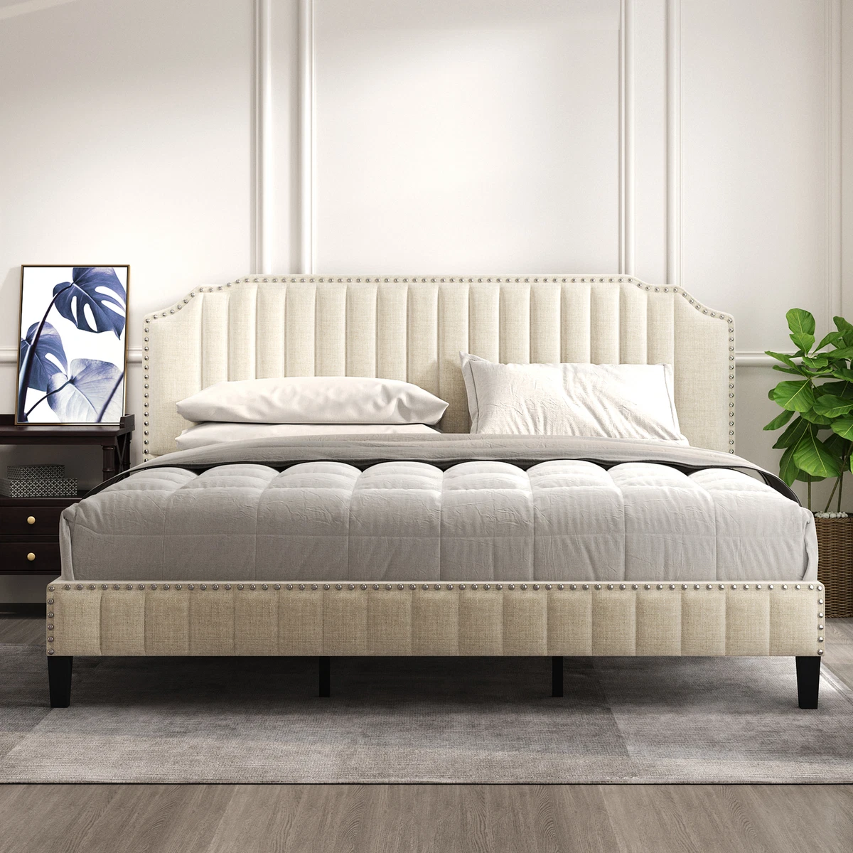 Platform Bed Frame with Tufted Curved Headboard with Solid Wood