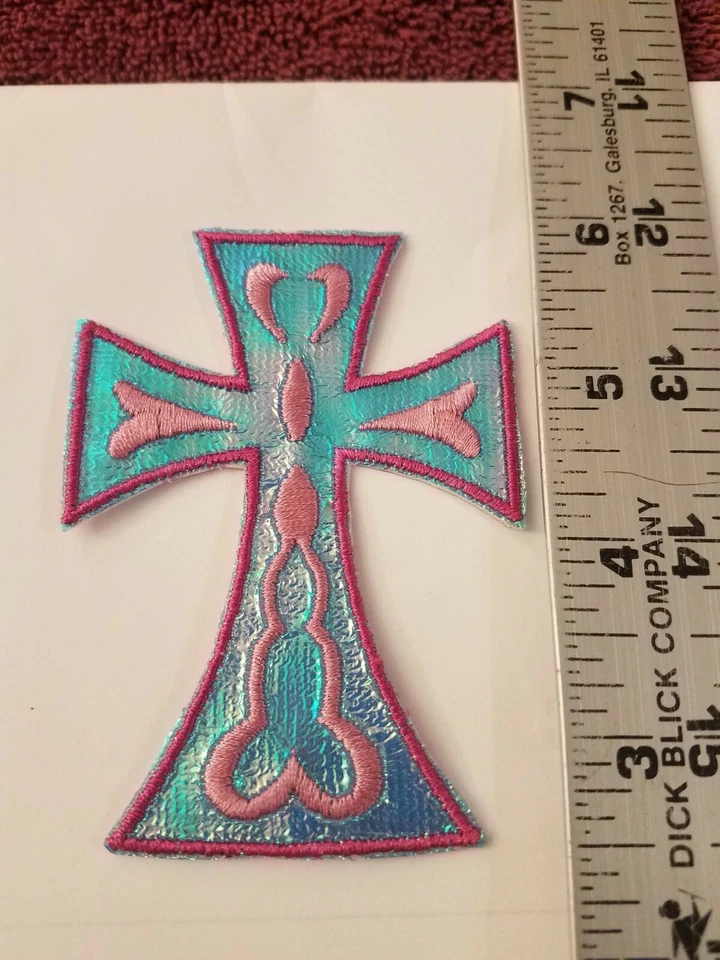 Blue & Pink Decorative Cross Patch, Religious Cross Patches - Image 3 of 4