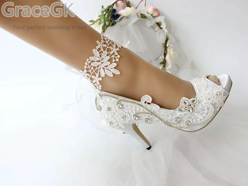 Satin Ivory White bride woman wedding shoes high heels peep