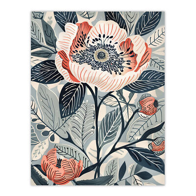 Blooming Peonies Blue Pink Floral Design Wall Art Poster Print