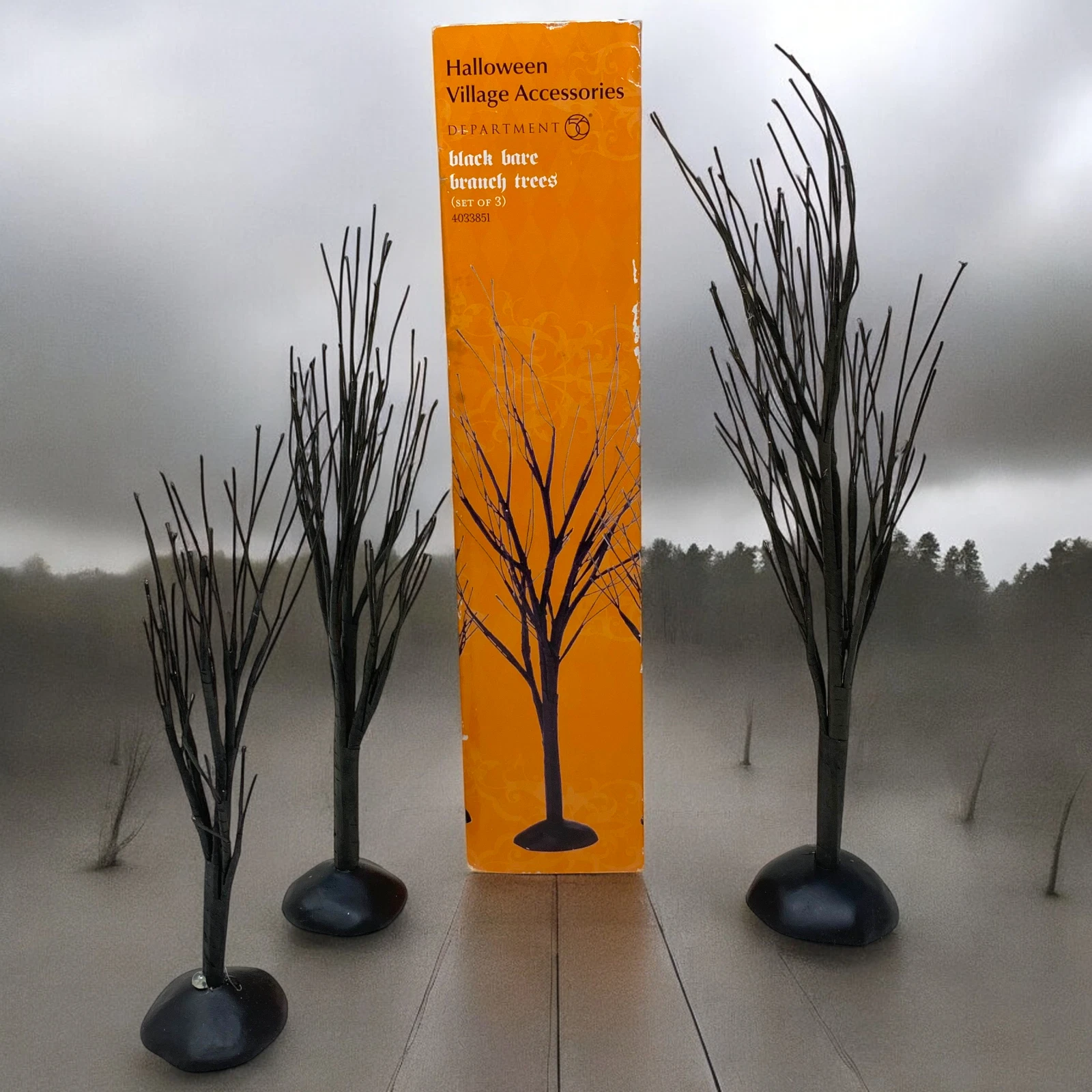 Lot 3 Dept 56 Halloween Village Accessories Spooky Black Bare Branch Trees Boxed