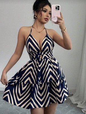 Navy Blue Beige Geometric Fit & Flare Sleeveless Backless Party Dress Short