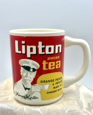 Vintage Lipton Tea Mug Red Yellow Advertising Cup Orange Pekoe Retro Kitcheware