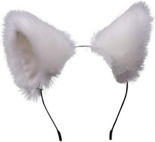 White Cute Cat Ears Headband Long Fur Fox Ears Cosplay Headband with Bells