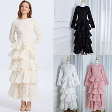 Womens Lace Long Evening Banquet Party Dress Long Sleeve Flower Embroidery Dress