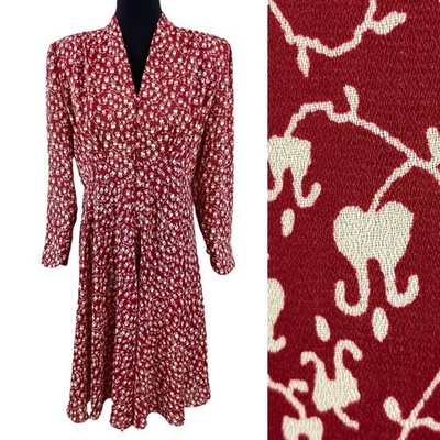 Vintage 80 s Red Floral Long Sleeve Midi Dress Size 12 Gorgeous Details