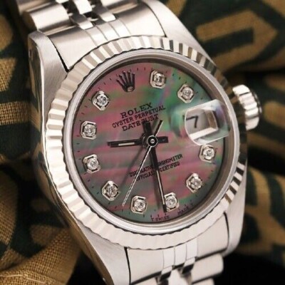 Rolex 26mm Datejust Black Mother Of Pearl Diamond Dial Stainless Steel Watch