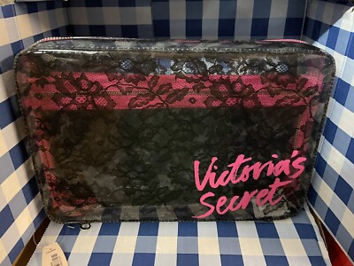 New Victoria Secret Pink Clear Black Floral Cosmetic Makeup Bag