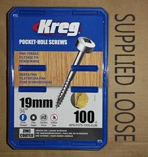 100 GENUINE KREG 3/4" 19mm Fine Pocket Screws Zinc coated PAN HEAD SuppliedLoose