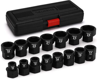 15PCS 1/2'' Drive Low Profile Nano Impact Socket Set Metric 10mm-24mm, CR-MO