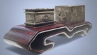 Antique Pair of Chinese Silver Metal Tone Trinket boxes w/Wood Craved Stand 13”