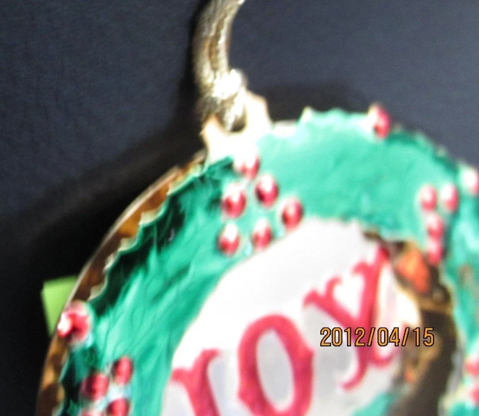 1988 24k Gold Finish Christmas Ornament 3D "Joy" Green Wreath & Red Bow Duchin Foto 4 de 4