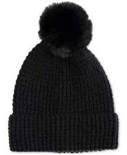 Style & Co Faux-Fur Pom Pom Waffle-Knit Beanie Womens Black ONE SIZE