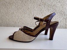 NEW Vintage 1970s Life Stride Linen Brown Leather Peep Toe Pumps Heels 6.5