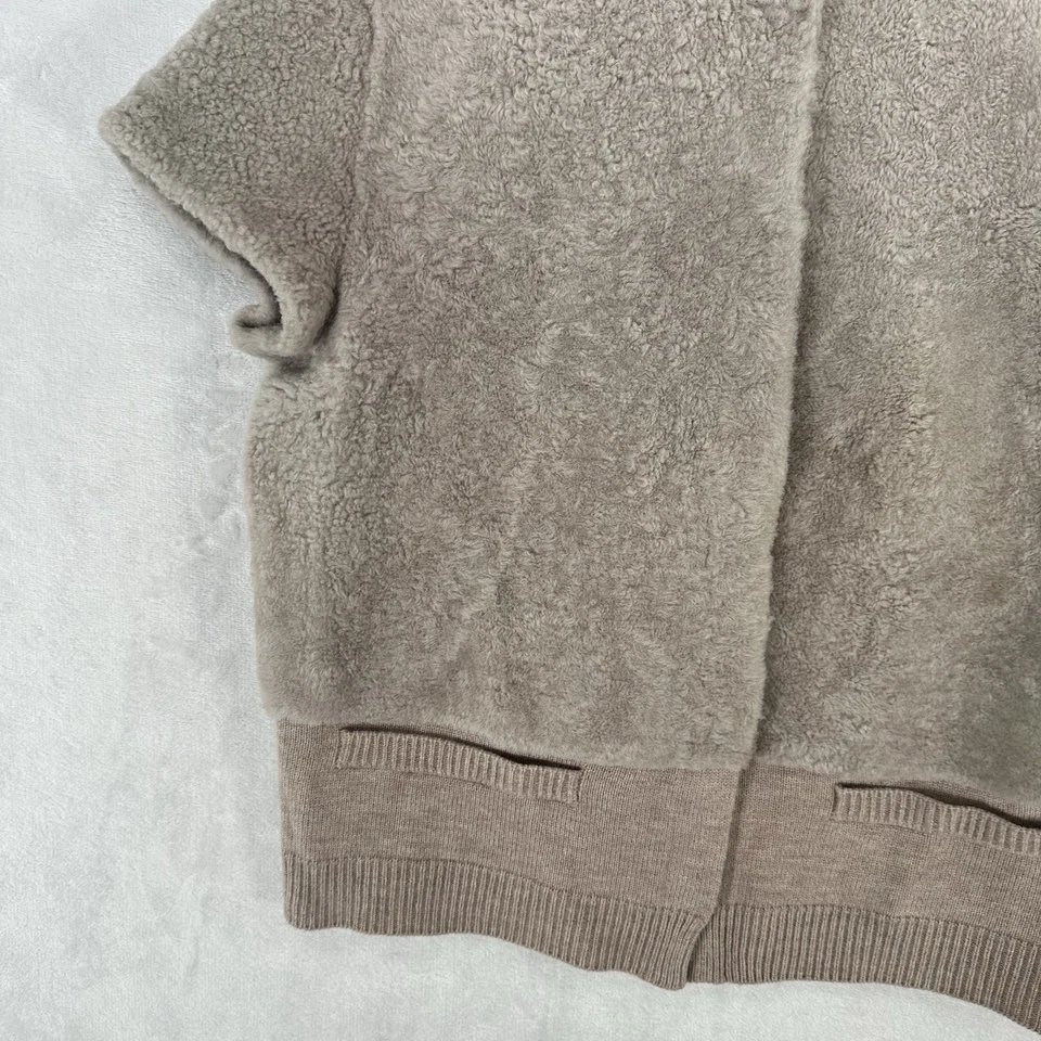 Linda Richards Top de Lujo Talla M Gris Tejido Chaleco a Presión Manga Gorra Forrado de Cuero Foto 3 de 4