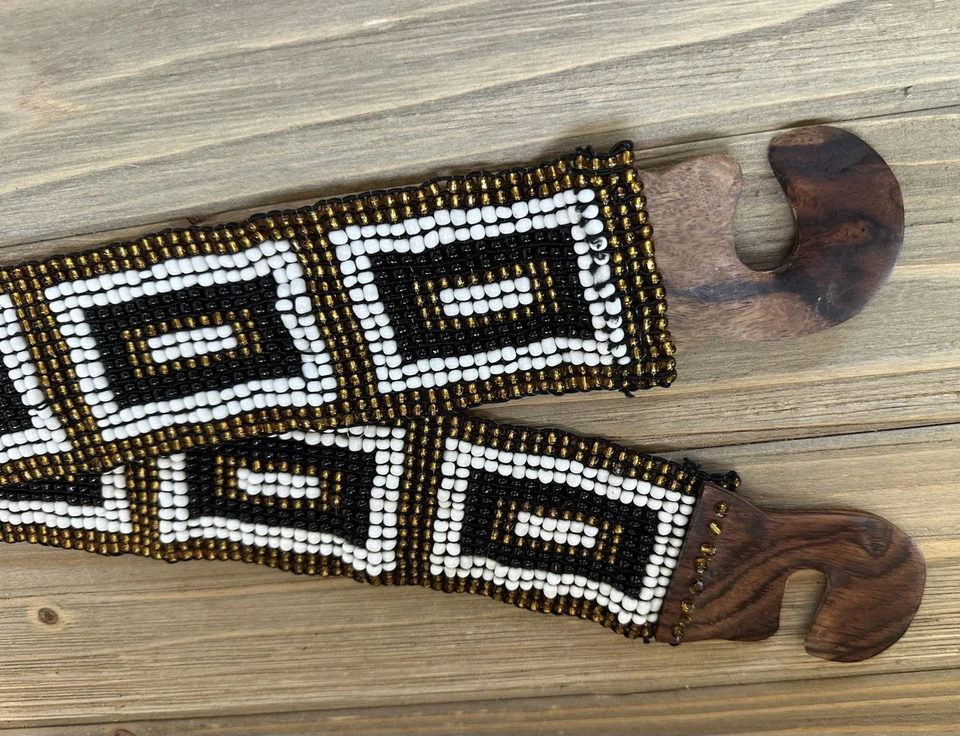 Dian BOHO Beaded Stretch Belt 2" Wide Aztec Wood Clasp - Image 3 of 4