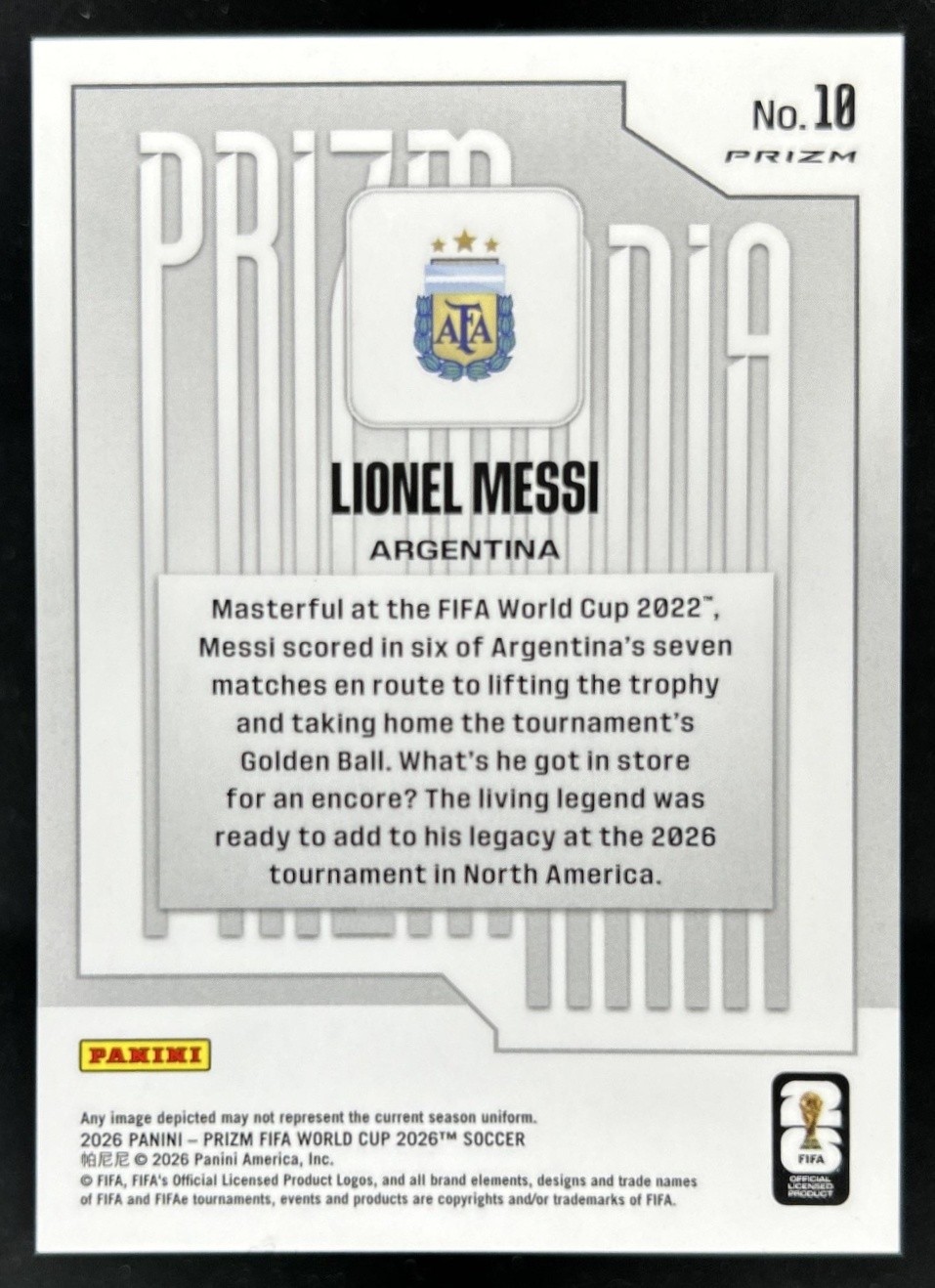 2026 Panini Prizm World Cup Lionel Messi Prizmania SSP #10 Argentina view 2