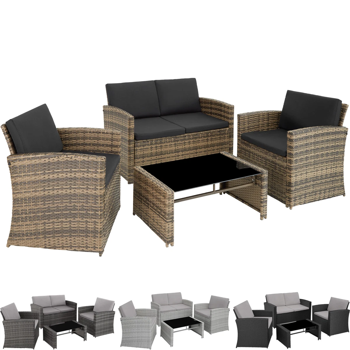 Set Giardino 2 Sedie + Tavolino In Poly Rattan Nero/Beige Con Cuscini - Per Balcone, Terrazza E Esterni
