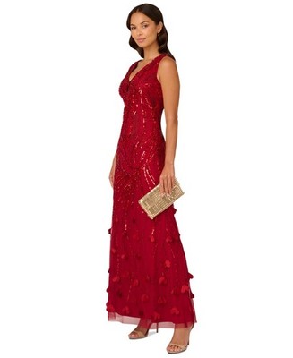 Adrianna Papell Women's V-Neck Beaded Petal-Trim Gown Cranberry