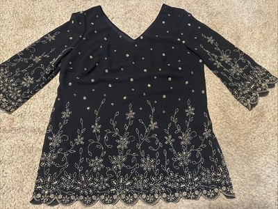 Vintage Another Thyme Black and Gold Beaded Sequenced Flared Sleeves Blouse 18W