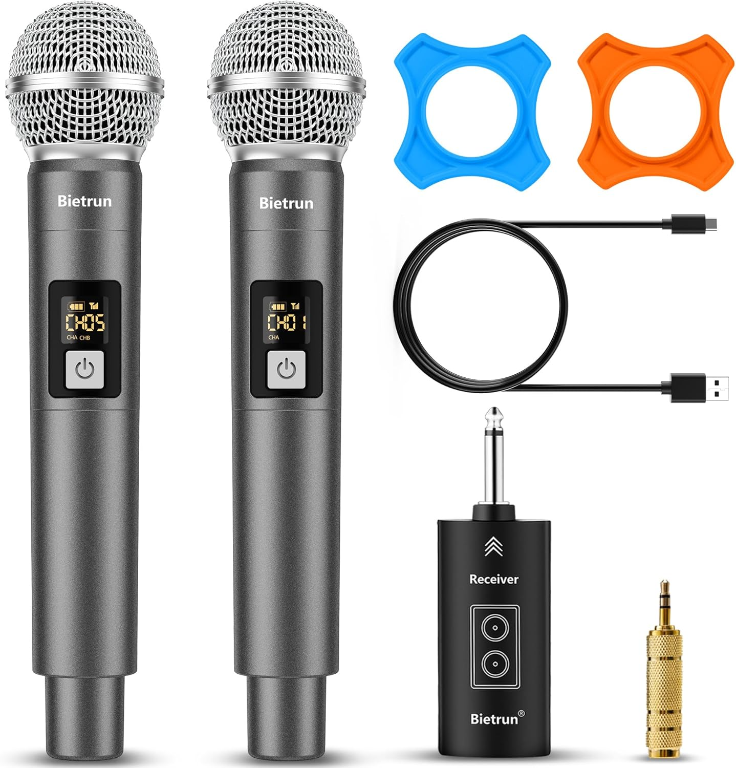 UHF Wireless Dual Handheld Microphone Set with Rechargeable Dynamic Metal Mics