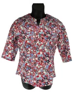 Denim & Co. Printed Texture Knit 3/4-Sleeve Henley Top True Red