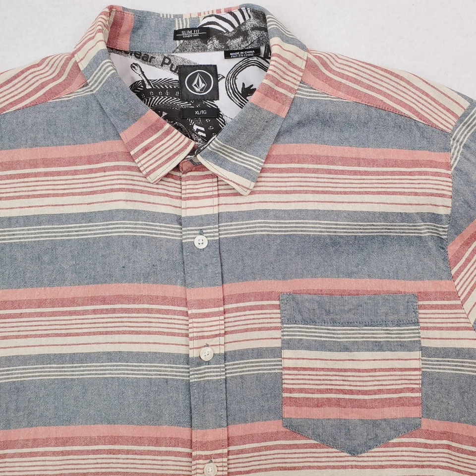 Volcom Shirt Mens Extra Large Blue Pink Horzy Striped Slim Fit Skater Surf Beach - Image 2 of 4