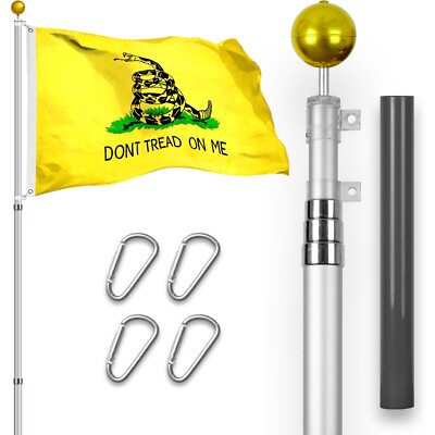 Combo: 16 Ft Telescoping Flagpole Silver & Gadsden Flag 3x5 Ft Emb Spun Poly