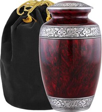 Handcrafted Memorial Urn for Ashes, Velvet Bag, 10.5"X7" , Cherry/Silver