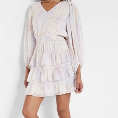 NEW NWT Express Pastel Smocked Waist Tiered Ruffle Mini Dress Large